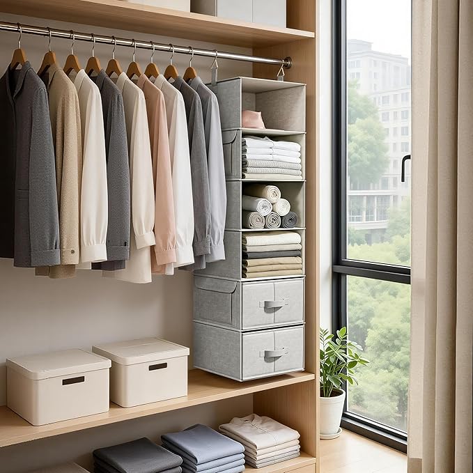 Vailando 6-Shelf Hanging Closet Organizer with 3 Drawers, Closet Hanging Shelves with Removable Fabric Drawers for Wardrobe, 