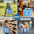 VENO 3 Pack Reusable Grocery Bags, Shopping Bags for Groceries, Tote with Handles and Hard Bottom, Foldable Shopping Cart Organizer, Water Resistant, Heavy-Duty (Spring Breeze, 6 Gallon)