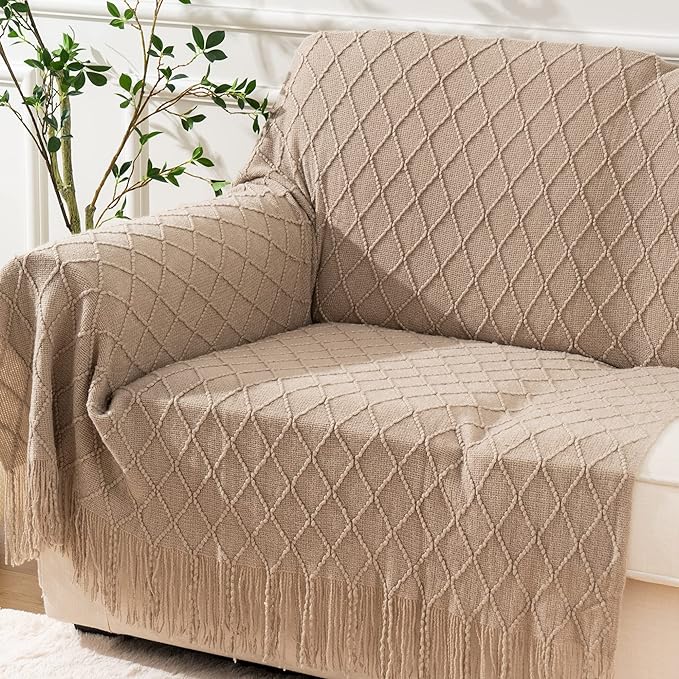 BATTILO HOME Khaki Throw Blanket for Couch, Boho Bed Tan Throws, Spring Decorative Taupe Throw for Sofa Foot of Bed, 50"x60"