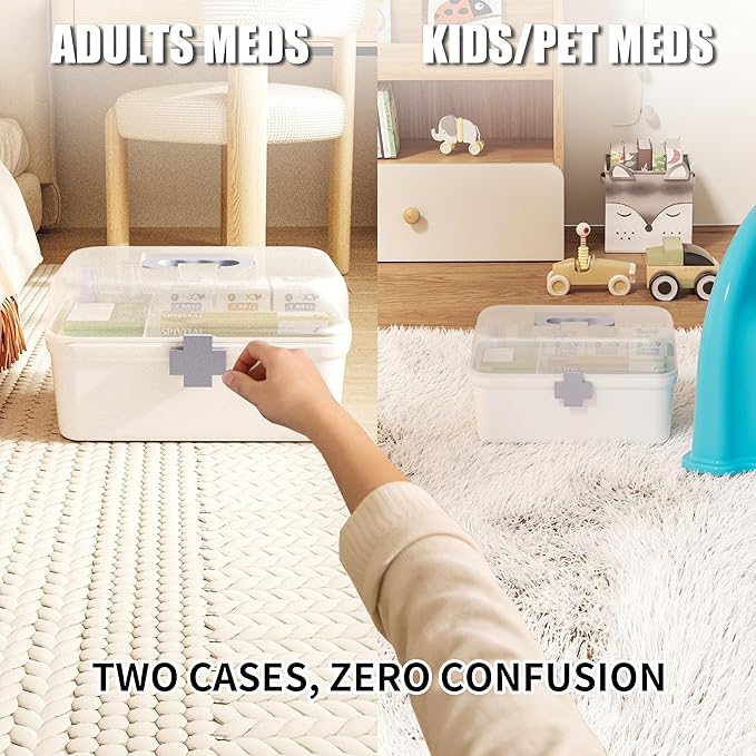 2-Pack Medicine Storage Box, Small & Large Portable Medicine Cabinet Organizer with Trays, Plastic First Aid Box Empty for Fa