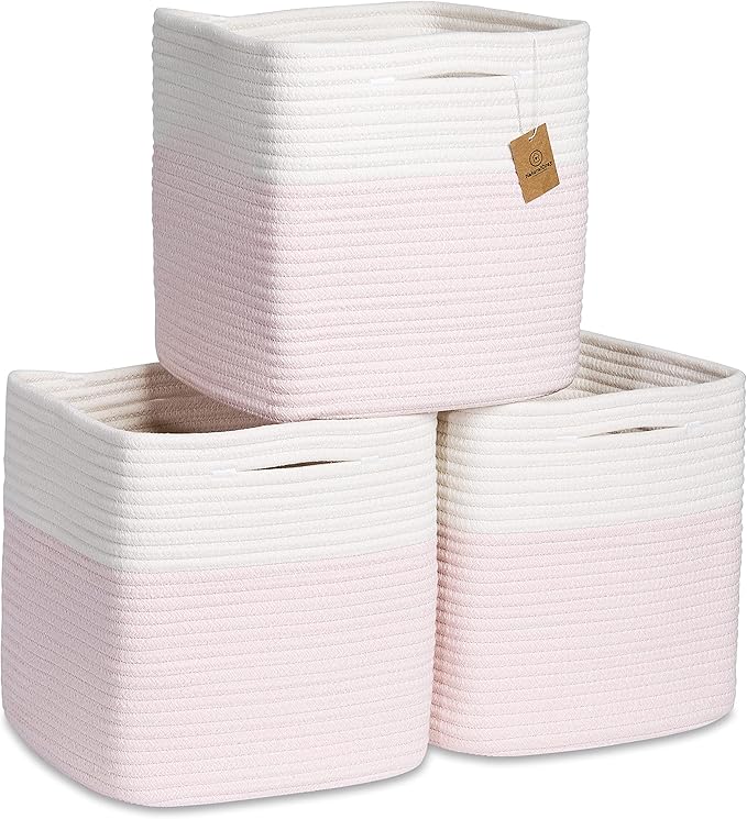 NaturalCozy Storage Cubes 11 Inch Cotton Rope Woven Baskets for Organizing, 3-Pack | Cube Storage Bin | Square Storage Basket