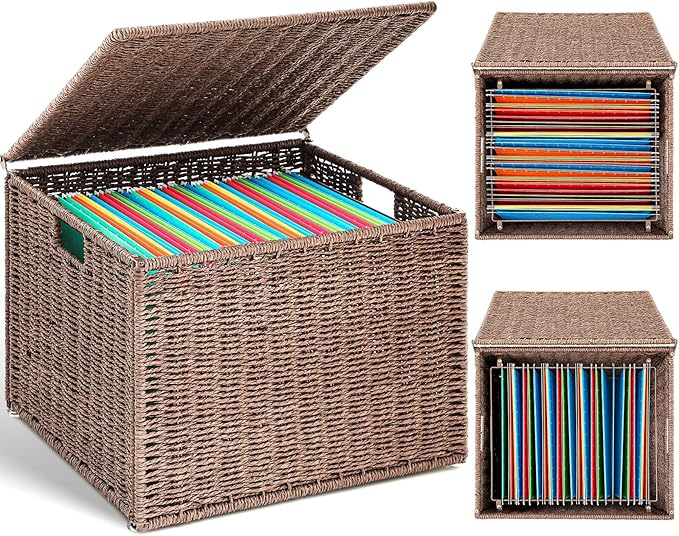 Cinnvoice Extra Large Decorative File Box 18 x 16 x 13 in Wicker Seagrass File Basket Organizer for Letter Legal Size Hand Wo