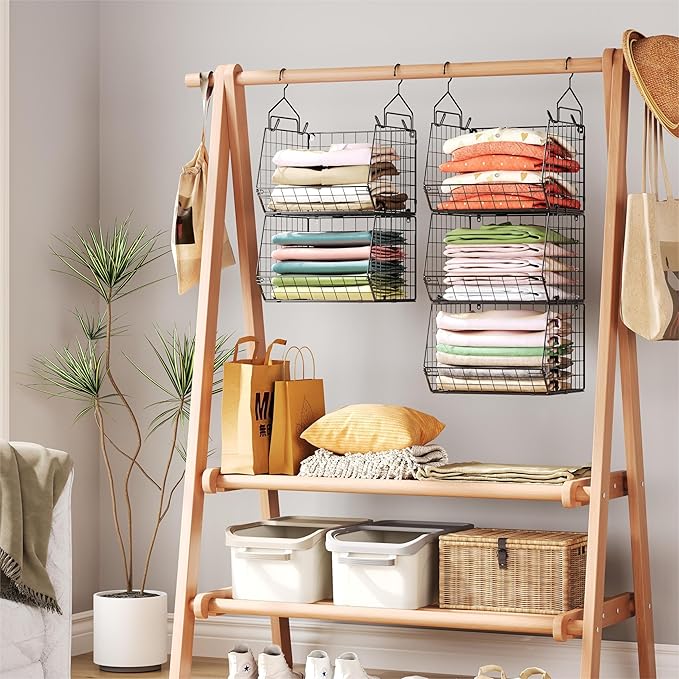 5 Tier Closet Hanging Organizer, Clothes Hanging Shelves with 4 Hanging Hooks 5 S Hooks, Wire Storage Basket Bins, for Clothi
