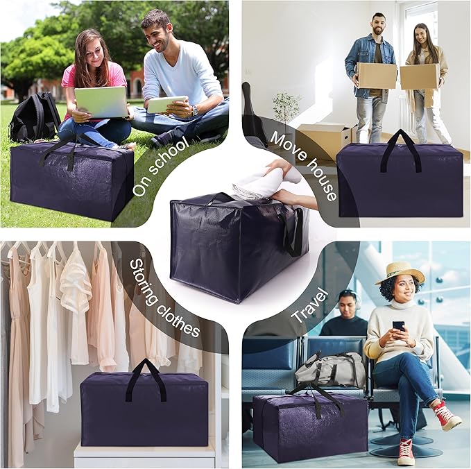 6 Pack Heavy Duty Extra Large Moving Bags W/Backpack Straps - Strong Handles & Zippers, Storage Totes For Space Saving, Fold 