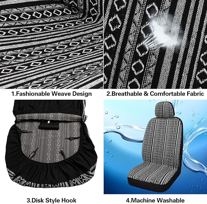 Pariitadin Baja Saddle Blanket Car Seat Covers Full Set with Seat Belt Pads, Washable Breathable Striped Woven Cloth Seat Cov