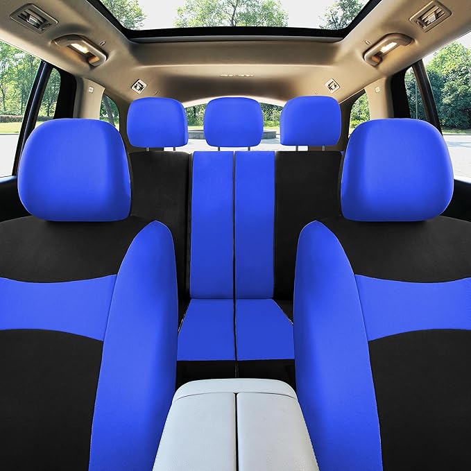 FH Group Car Seat Covers Full Set Blue Black Cloth - Universal Fit,Automotive Seat Covers, Low Back Front Seat Covers,Airbag 