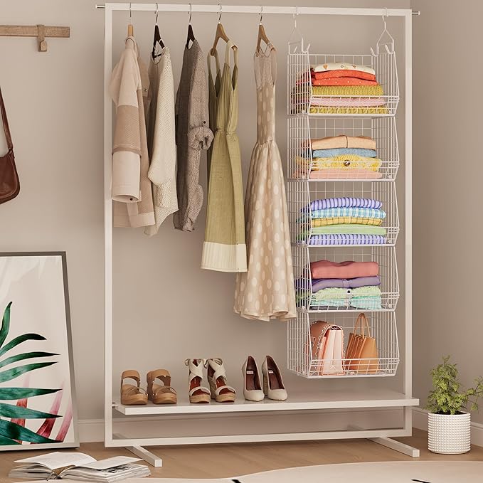 5 Tier Closet Hanging Organizer, Clothes Hanging Shelves with 4 Hanging Hooks 5 S Hooks, Wire Storage Basket Bins, for Clothi