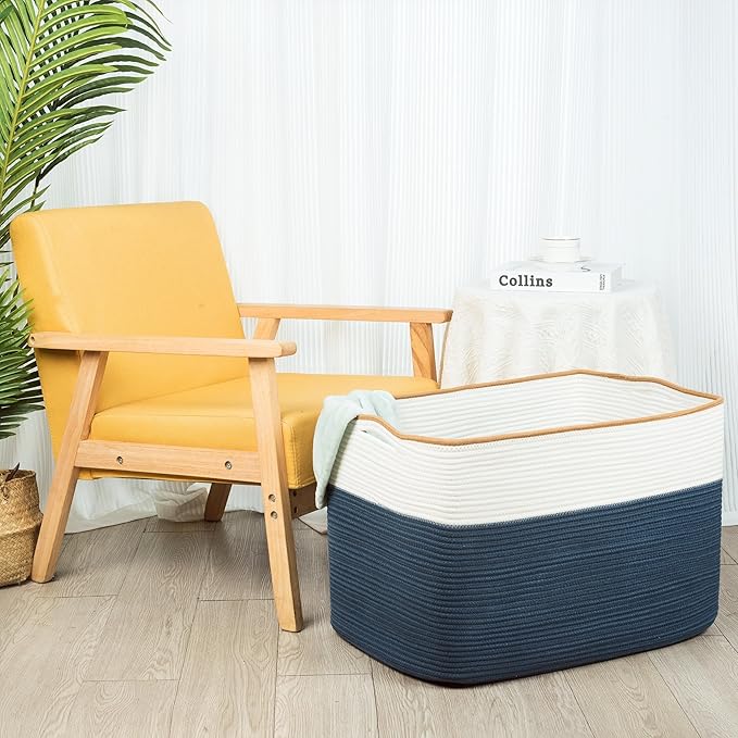 MINTWOOD Design 112L Extra Large Blanket Basket Holder Living Room, 25"x17"x16" Rectangle Rope Woven Storage Basket with Hand