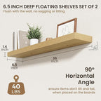 36 Inch Floating Shelves | 6.5 Inch Deep Oak Floating Shelves Set of 2 | 36" W x 6.5" D Rustic Oak Shelves with Invisible Bra