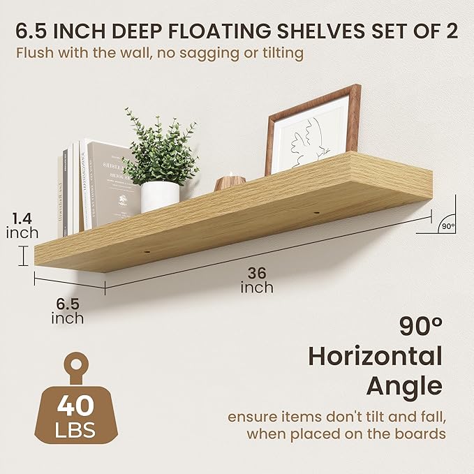 36 Inch Floating Shelves | 6.5 Inch Deep Oak Floating Shelves Set of 2 | 36" W x 6.5" D Rustic Oak Shelves with Invisible Bra