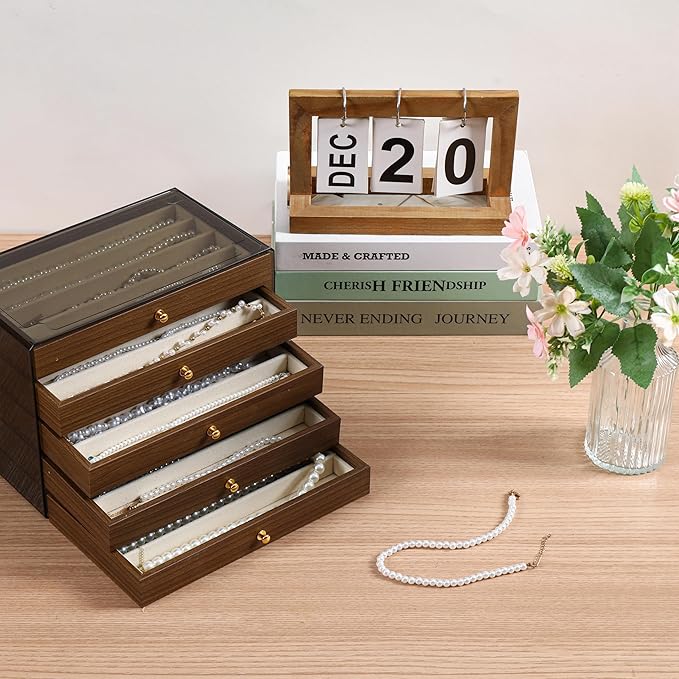 CLUQMEIK 5 Layer Necklace Jewelry Box, Vintage Wooden Jewelry Box with Acrylic Cover Stackable Necklace Storage Organizer for