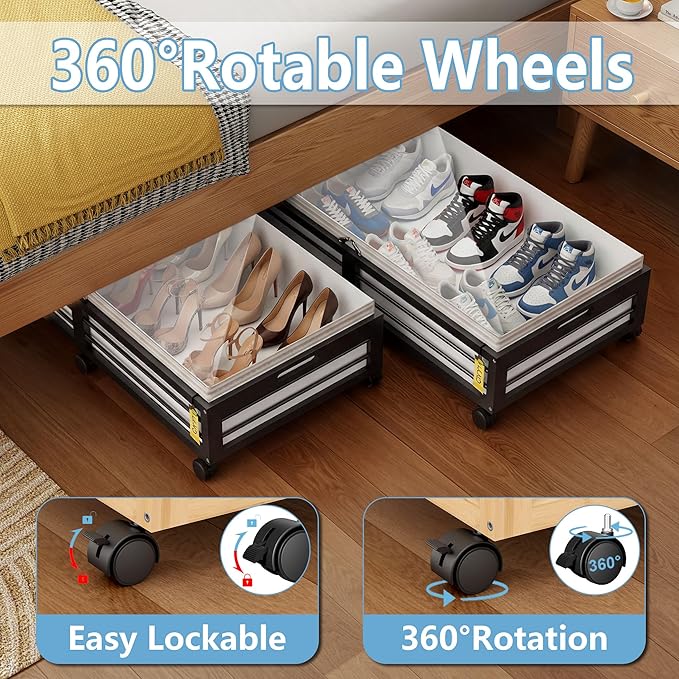 Under Bed Storage Containers with Wheels, Larger Bamboo Wood Under Furniture Storage Containers with Dust Bags，Rolling for Sh
