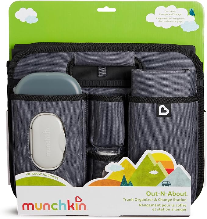 Munchkin Out-n-About Trunk Organizer for SUVs and Cars with Portable Changing Pad and Wet Baby Wipes for Diaper Changes On-the-Go, Collapsible, Grey