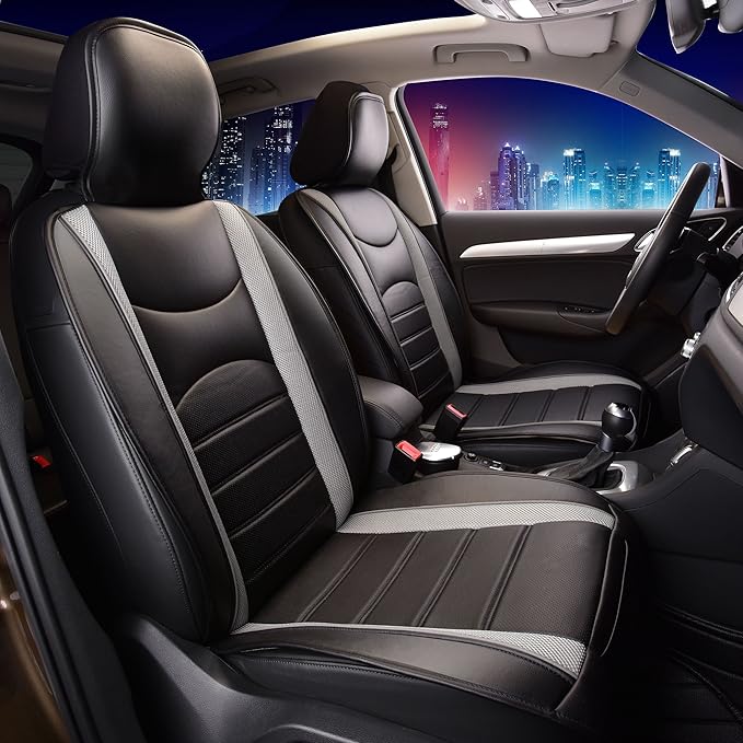 FH Group Car Seat Covers Front Set Gray Black Faux Leather Car Seat Cushions - Car Seat Covers for Low Back Seat, Universal F