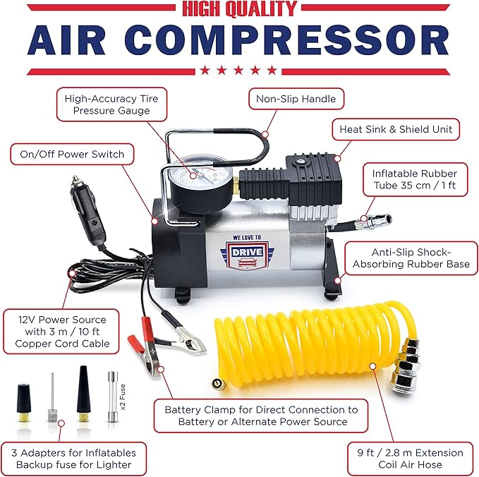 Tire Inflator Portable Air Compressor – 12V DC Air Pump for Car Tires, 150 PSI Electric Air Pump with Tyre Pressure Gauge – Corded Yellow by WE LOVE TO DRIVE