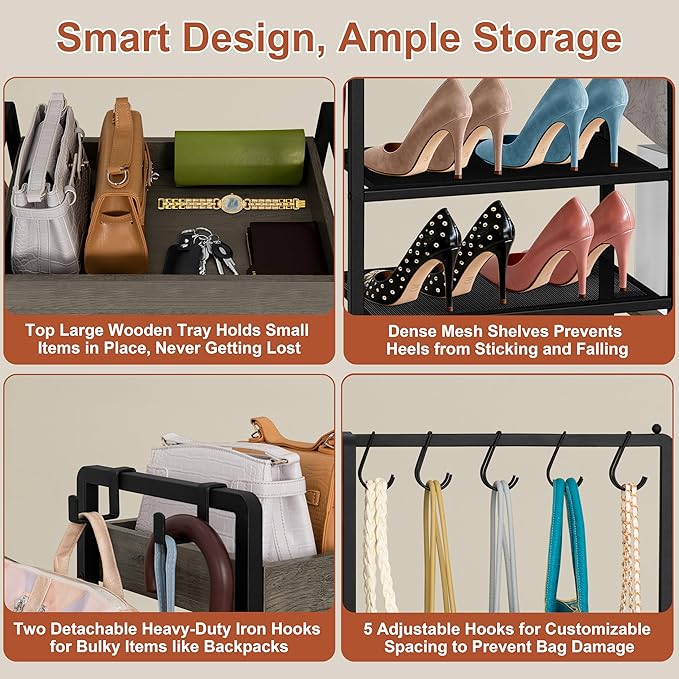 2-in-1 Shoe and Purse Rack, 5-Tier Shoe Rack with Wooden Tray & 7 Hooks, Industrial Metal Shoe Shelf with Removable Shelves f