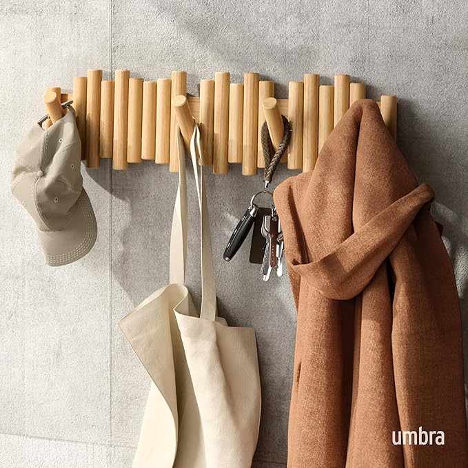 Umbra Picket Coat Rack with 8 Hooks – Natural Wall-Mounted Coat Rack with Flip-Down Wooden Hooks, Real Pine Wood Decorative W