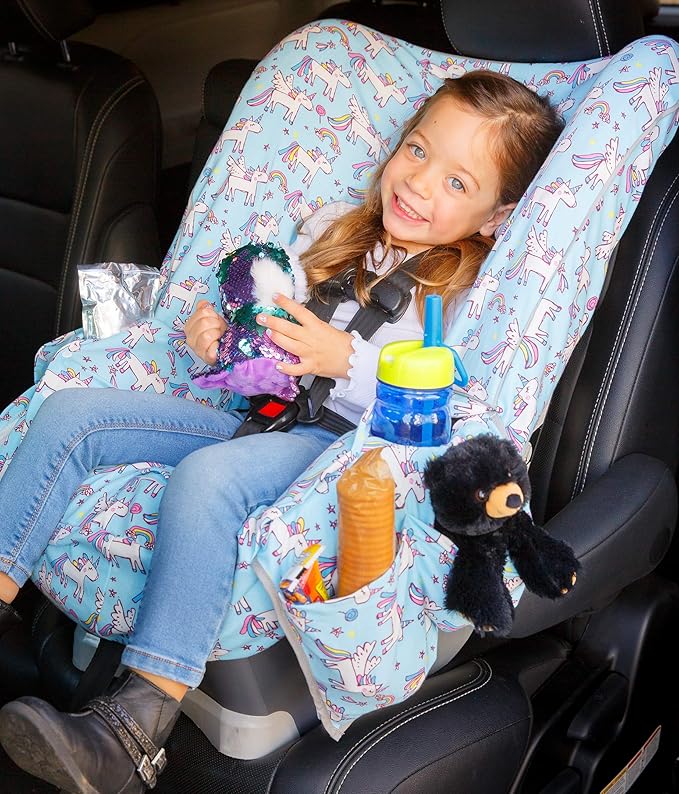 Niko Easy-Wash Children's Car Seat Cover & Liner - 100% Cotton Jersey Blue Unicorn - Fits Most Toddler Car Seats - Universal 