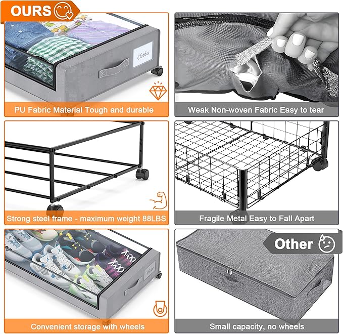 Under Bed Storage with Wheels, 4 Pack Under Bed Storage Containers with Dividers & Clear Lids, XXL 65L Under the bed storage 