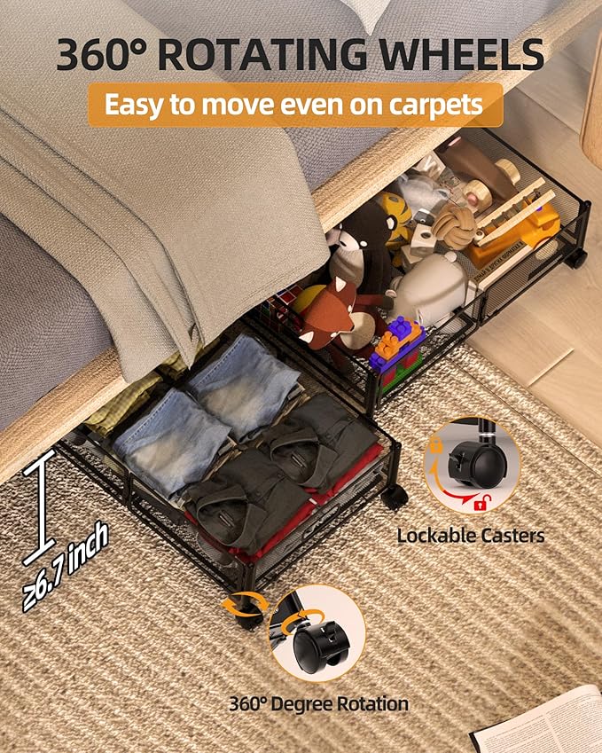 Under Bed Organizer, Storage Bins Under Bed, 60L Underbed Storage Bins for Bedroom Clothes Shoes Blankets (Black, 2 Pack)