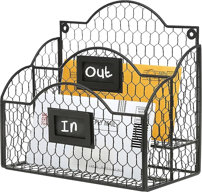 MyGift Metal Wire Basket Desk Organizer, 2 Compartment Inbox/Outbox Black Entryway Wall Mail Sorter, Office Desktop Stationer