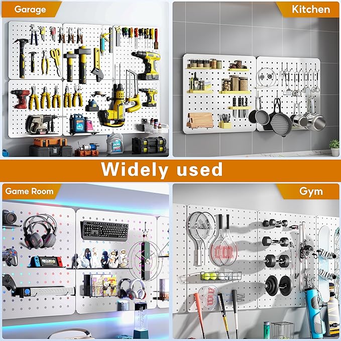 Peg Board, 70PCS Heavy Duty Metal Pegboard with Hooks, 6 Pack White Peg Board Panels, 50lbs Load Capacity Each, Pegboard Wall
