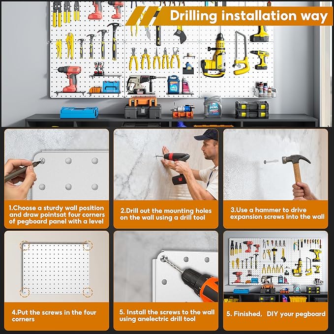 Peg Board, 112pcs Metal PegBoard Organizer with Accessories, 6 Pack 16'' x 12'' White Pegboard Panels with Hooks, Wall Organi