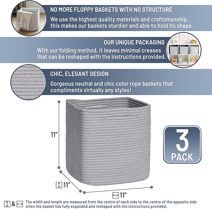 NaturalCozy Storage Cubes 11 Inch Cotton Rope Woven Baskets for Organizing, 3-Pack | Cube Storage Bin | Square Storage Basket