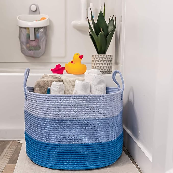 OrganiHaus Large Woven Storage Basket for Blankets and Toys 20" x 13" Inch, Rope Laundry Basket with Handles, Cushions & Pill