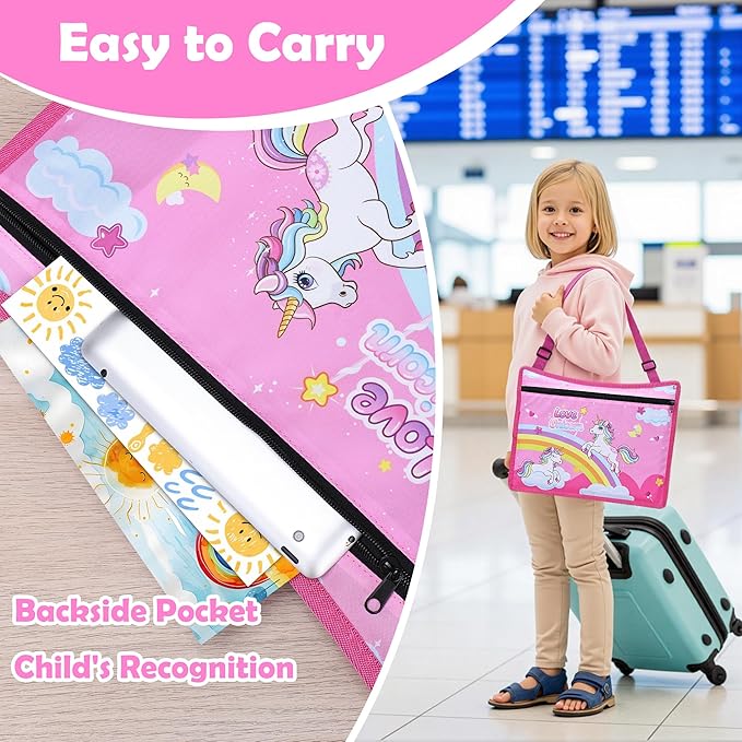 Kids Travel Tray for Toddler Carseat, Road Trip Activities Essentials for Toddler, Kids Lap Desk Tray with Tablet Holder Stand ＆ Dry Erase Board (Pink Unicorn)
