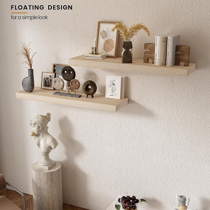 Vivelove Natural Wood Floating Shelves 36”，8 inch Deep Floating Shelf with Invisible Brackets, Unfinished Wall Shelves for Li