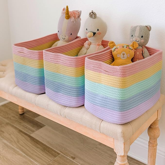 OrganiHaus Set of 3 Pastel Rainbow Baskets - Colorful Woven Storage Baskets for Playroom, Nursery & Classroom Decor, Toy Stor