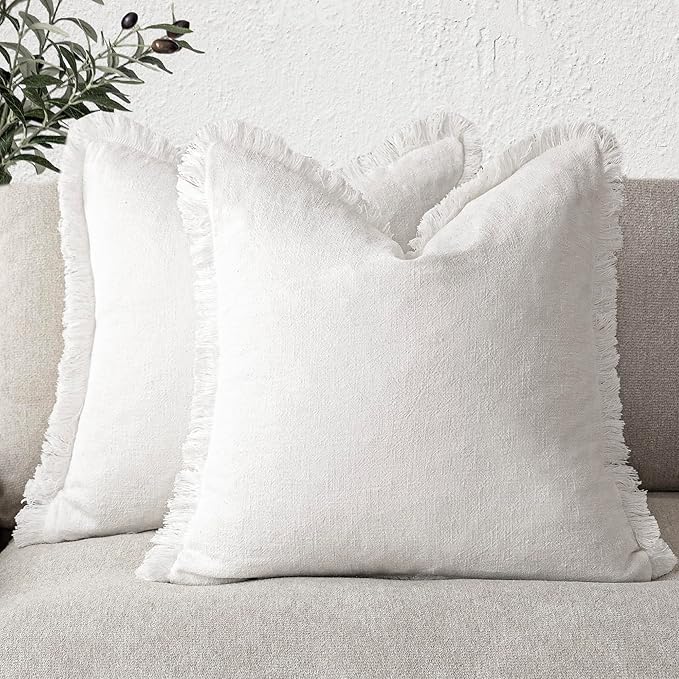 Foindtower Set of 2 Decorative Linen Fringe Throw Pillow Covers Cozy Boho Farmhouse Cushion Cover with Tassels Soft Accent Pi