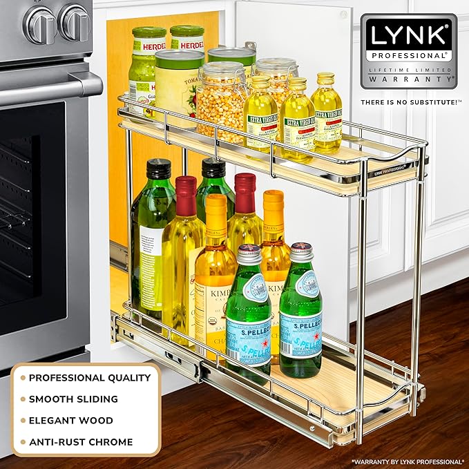 LYNK PROFESSIONAL® Élite™ Pull Out Spice Rack Organizer for Inside Kitchen Cabinets - 6" x 21" - Slide Out Drawer – Wood/Chro