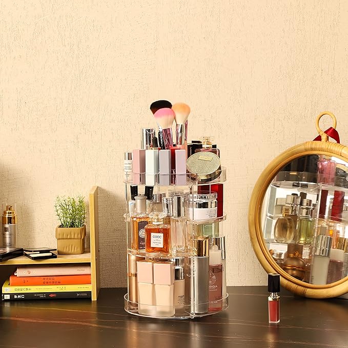 Cq acrylic Rotating Makeup Organizer,Adjustable Spinning Skincare Organizer for Vanity,Countertop,Clear Rotating Perfume Orga