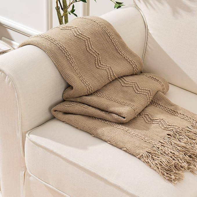 BATTILO HOME Tan Throw Blanket for Bed, Boho Decorative Couch, Taupe Home Decor, 50"x60"