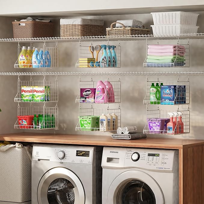 3-Tier Foldable Laundry Basket Organizer with Rotating Hooks - Space-Saving Over Washer and Dryer Shelf for Laundry Room Orga