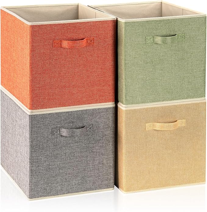 Storage Cube Organizer Bin 13" x 15" x 13" Large Boxes Fabric Basket with Handles for Organizing Shelves Closet Clothes 4 Col