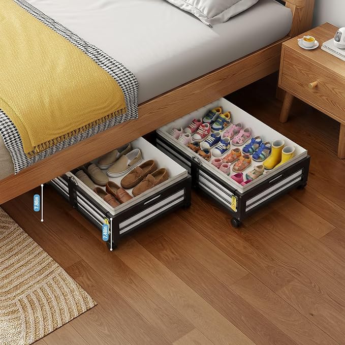 Under Bed Storage Containers with Wheels, Larger Bamboo Wood Under Furniture Storage Containers with Dust Bags，Rolling for Sh