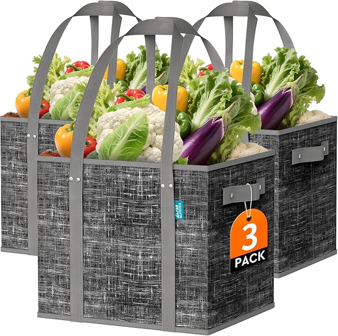 Fab totes Reusable Grocery Bags, Large Foldable Shopping Tote Bags with Reinforced Handles & Hard Bottom,3 Pack,Black