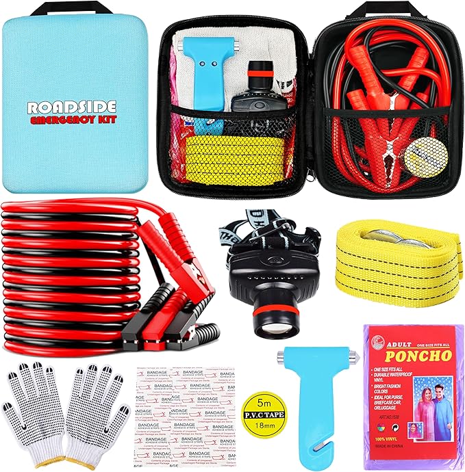 Car Roadside Emergency Kit, with Jumper Cables Automotive Kit,Car Safety Roadside Assistance Kit Headlamp,Tow Straps, Safety 