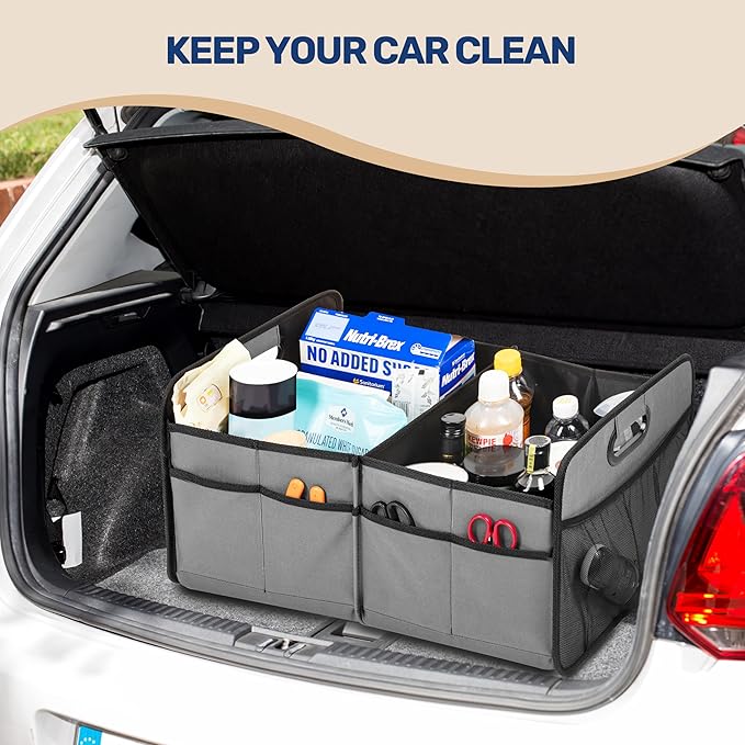 YSSOA Trunk Organizer for Car/SUV/Truck, Collapsible 2 Compartment Automotive Storage Box, 600D Waterproof Oxford Polyester