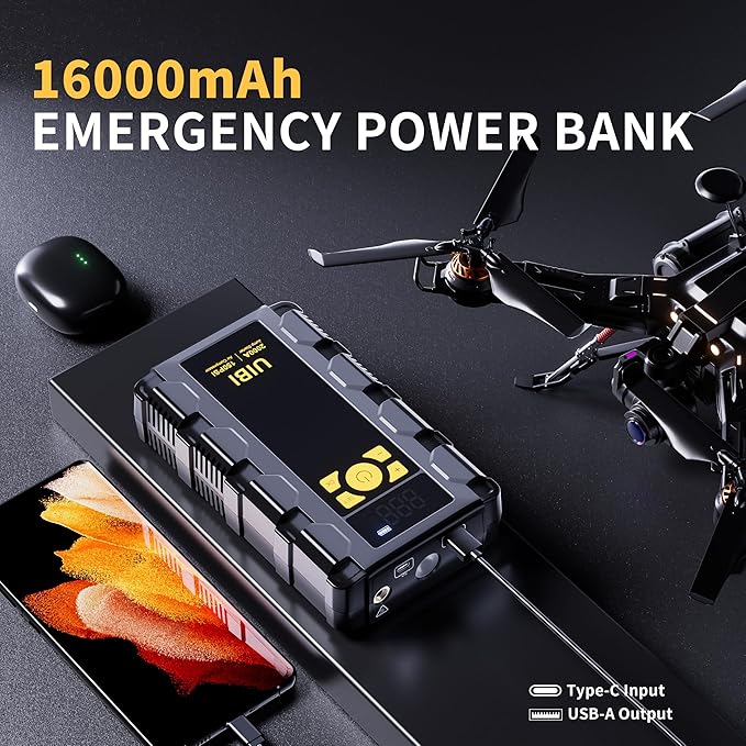UIBI X5 Car Jump Starter with Air Compressor, 2000A Car Battery Jump Starter with 150PSI Tire Inflator Portable, Battery
