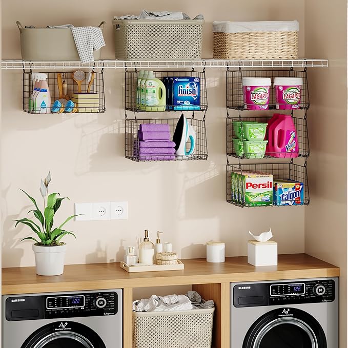 3-Pack Hanging Laundry Room Organizaton：Foldable Laundry Basket Wire Basket with 360°Rotating Hooks Small Space Organization 