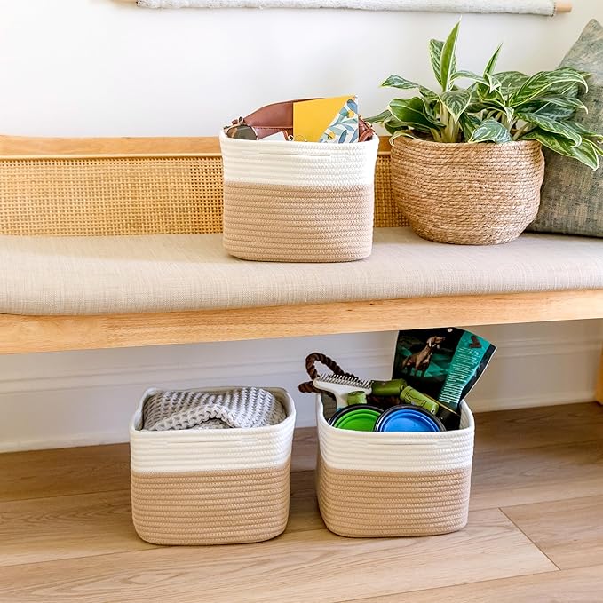 NaturalCozy Storage Cubes 9”x9”x7”Cotton Rope Woven Baskets for Organizing 3-Pack | 9 Inch Cube Storage Bin | Small Basket fo