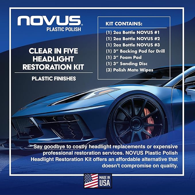 Novus Clear in Five Headlight Restoration Kit, 2 Ounce #1, 2, & 3 Bottles, Buffing Pad, Backing Pad Drill Attachment, 1,000 G