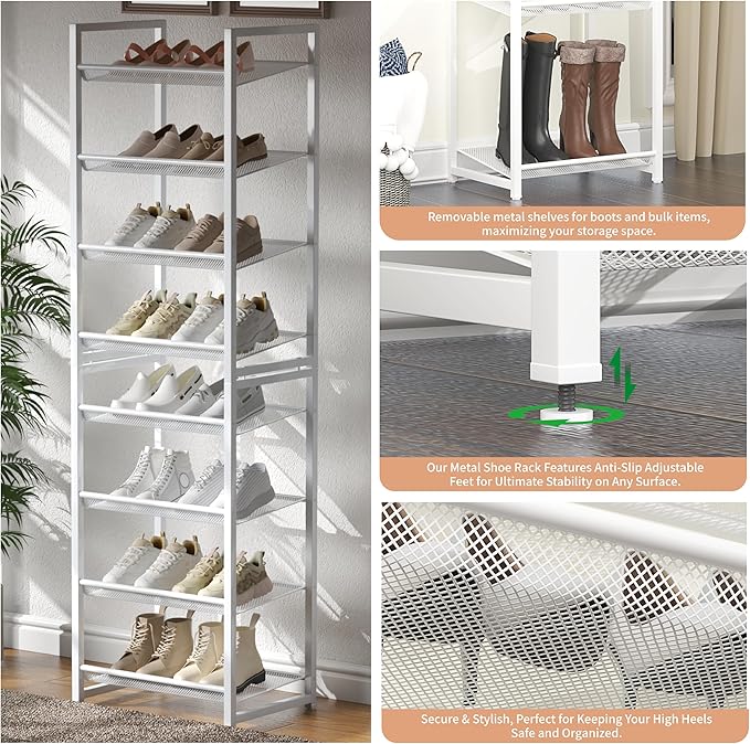 8 Tier Narrow Shoe Rack, Stackable Metal Shoe Storage, Holds 16-20 Pairs, Vertical Shoe Organizer for Garage Closet Entryway,