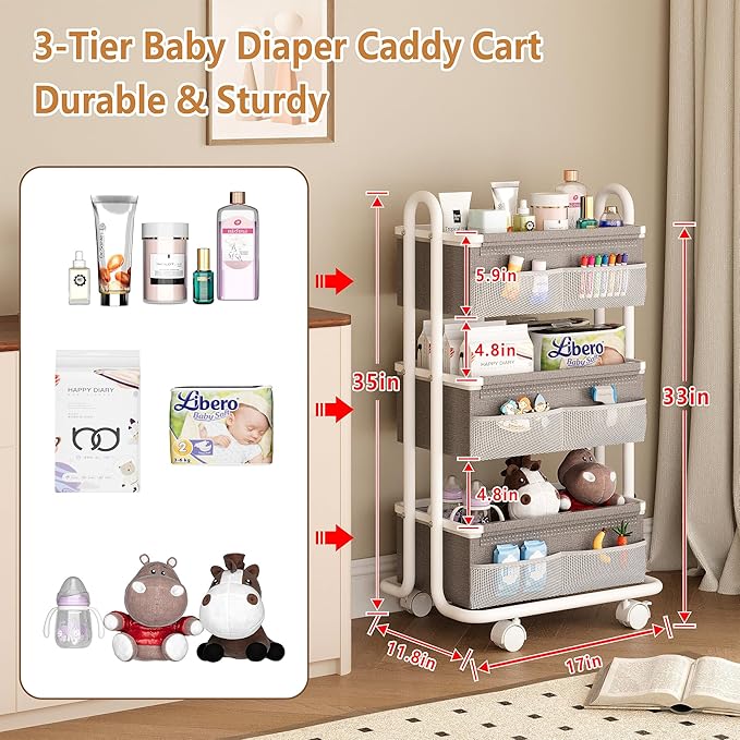 3-Tier Baby Diaper Caddy Organizer Cart, Mobile Nursery Storage Carts with Wheels, 3 Dividers & 6 Mesh Pockets Durable Metal 