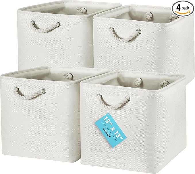 OrganiHaus 13x13 Cube Storage Bins 4 Pack, Foldable Cube Storage Organizer w/ Rope Handles, Collapsible Fabric Bins for Toys,