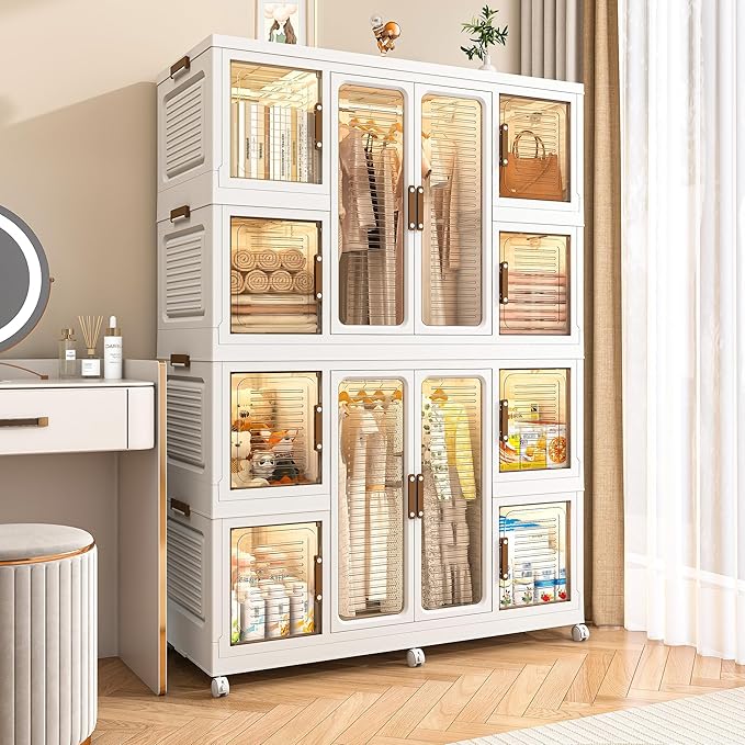 Portable Wardrobe Storage Cabinet, Large Closet Organizer with Magnetic Doors and Wheels, Portable Kids Closet with 2 Hanging